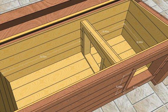 Dimensions intérieures de la niche pour chien Mini120 en bois massif avec cloison intérieure de fabricant Maison du Loup
